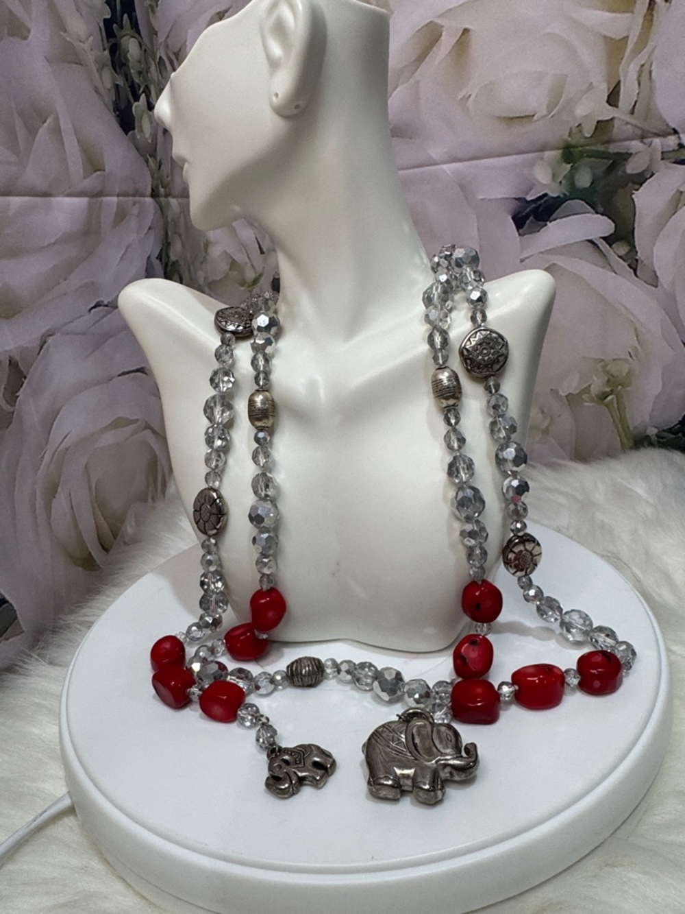 Silver & Red Elephant Pendant Beaded Necklace / Belt